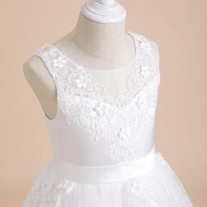 Ivory A-line Scoop Tea-length Lace/tulle Flower..