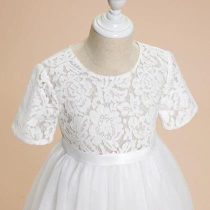 Ivory A-line Scoop Tea-length Lace/tulle Flower..
