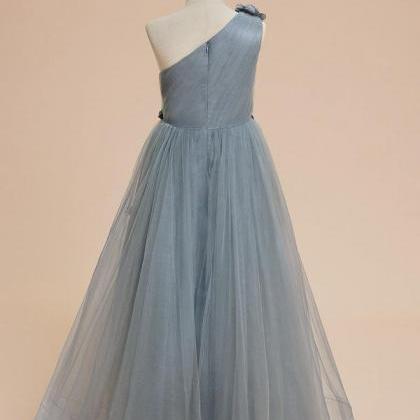 Dusty Blue A-line One Shoulder Floor-length Tulle..