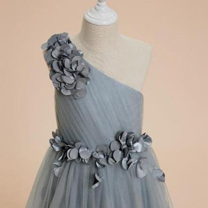 Dusty Blue A-line One Shoulder Floor-length Tulle..