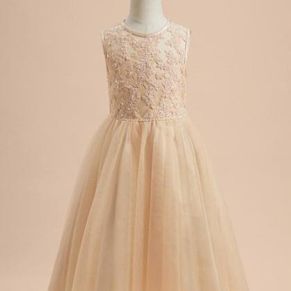 Champagne A-line Scoop Tea-length Lace/tulle..