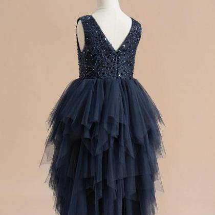 Dark Navy Ball-gown/princess Scoop Tea-length..