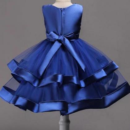 Cute Blue Satin Round Neck With Beaded Ball Gown..