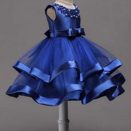 Cute Blue Satin Round Neck With Beaded Ball Gown..