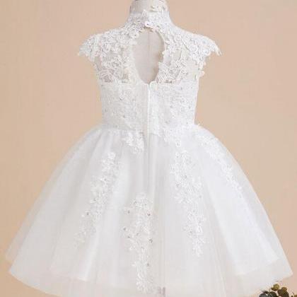 Ivory A-line High Neck Knee-length Lace/tulle..