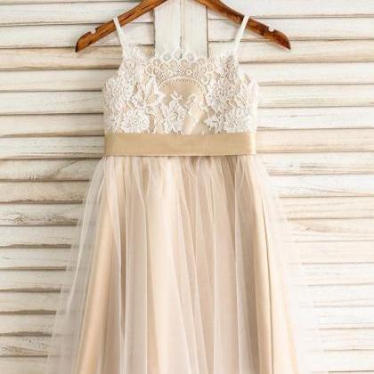 Champagne A-line Square Knee-length Lace Tulle..