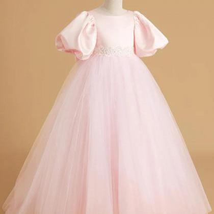 A-line Satin Tulle Sweep Train Pink Flower Girl..