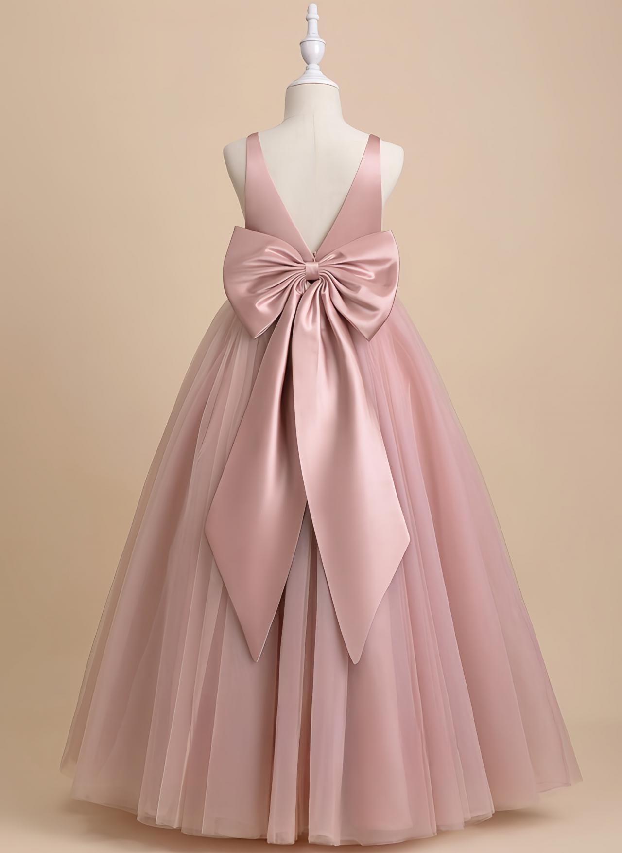 Dusty Rose Ball-gown/princess V-neck Floor-length Satin/tulle Flower Girl Dress