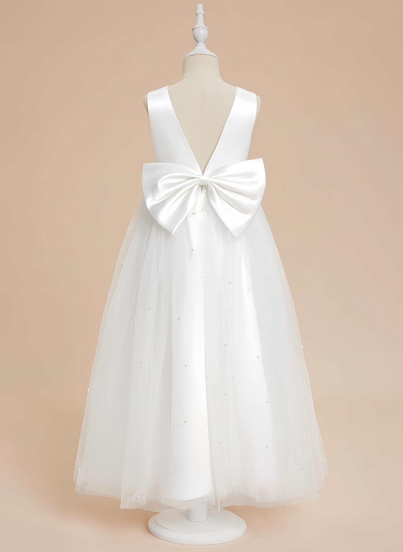 Ivory A-line V-neck Ankle-length Satin/tulle Flower Girl Dress