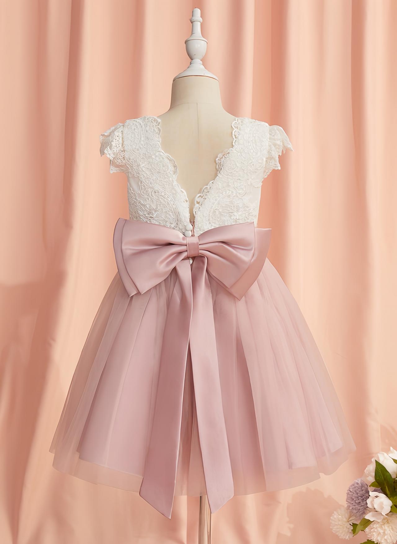 Dusty Rose A-line Scoop Knee-length Lace/tulle Flower Girl Dress