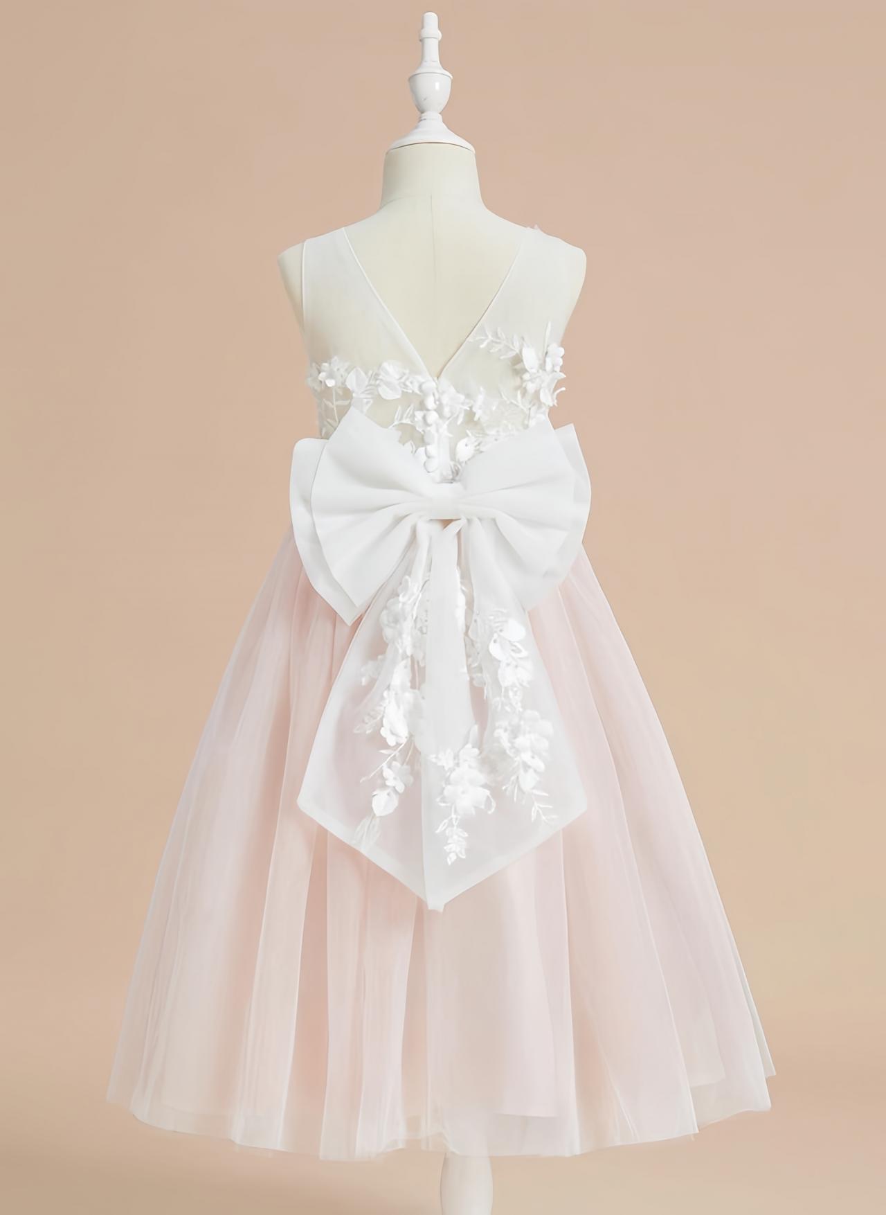 Dusty Rose A-line Scoop Tea-length Lace/tulle Flower Girl Dress