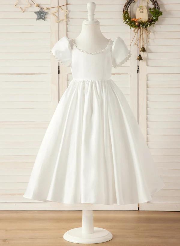 Ivory A-line Sweetheart Tea-length Satin Flower Girl Dress