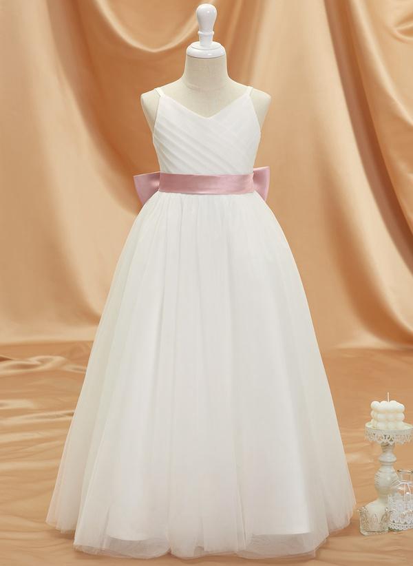 Ivory A-line V-neck Floor-length Satin/tulle Flower Girl Dress