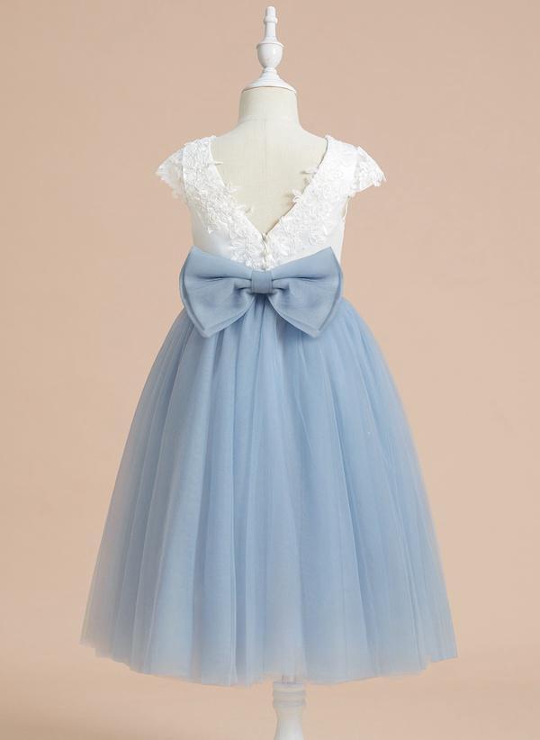 Dusty Blue A-line Scoop Tea-length Lace/satin/tulle Flower Girl Dress