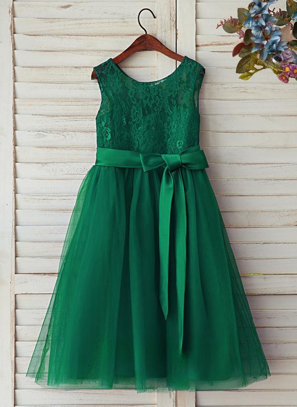 Dark Green A-line Scoop Tea-length Lace/satin/tulle Flower Girl Dress