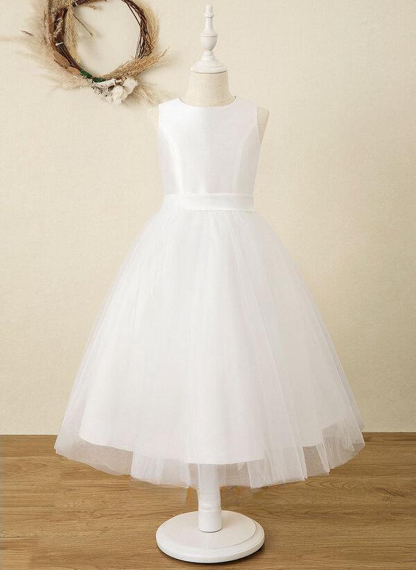 White A-line Scoop Tea-length Satin/tulle Flower Girl Dress