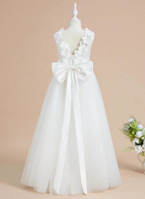 White A-line Scoop Floor-length Satin/tulle Flower Girl Dress