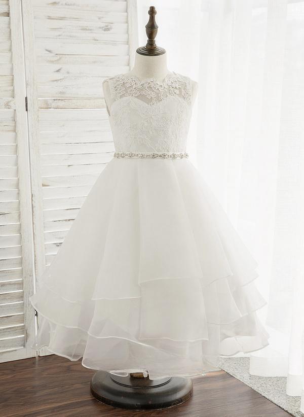 White A-line Scoop Tea-length Lace/organza Flower Girl Dress