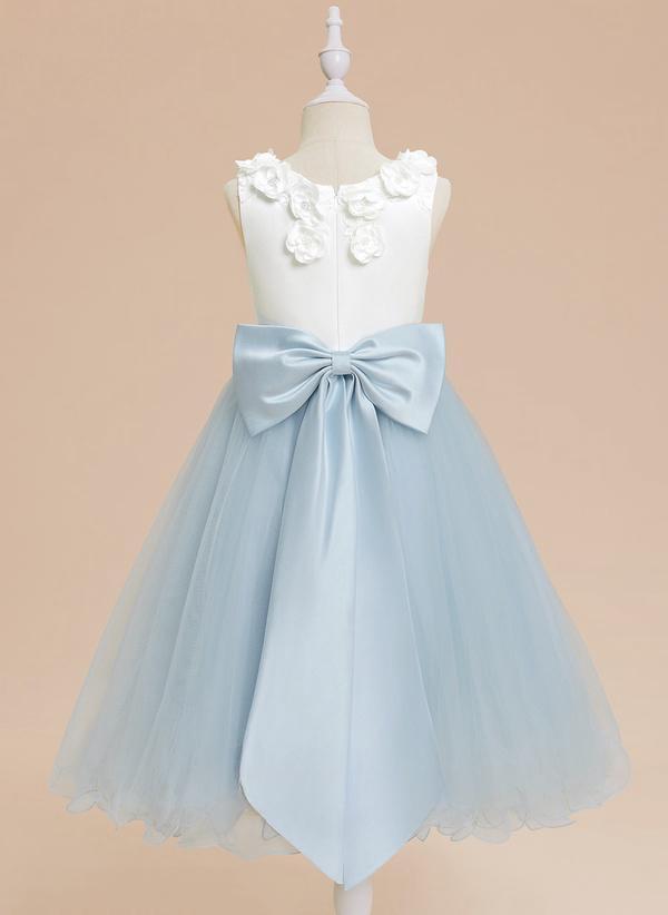 A-line Scoop Tea-length Satin/tulle Flower Girl Dress