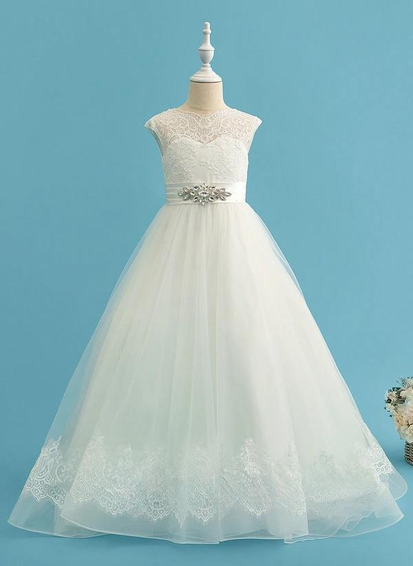 Ivory Ball-gown/princess Scoop Sweep Train Lace/satin/tulle Flower Girl Dress