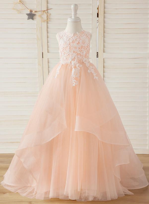 Ball-gown/princess Scoop Sweep Train Lace/tulle Flower Girl Dress