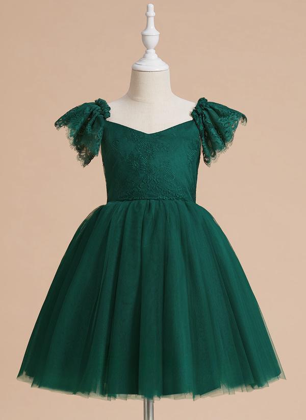 Dark Green A-line V-neck Knee-length Lace/tulle Flower Girl Dress