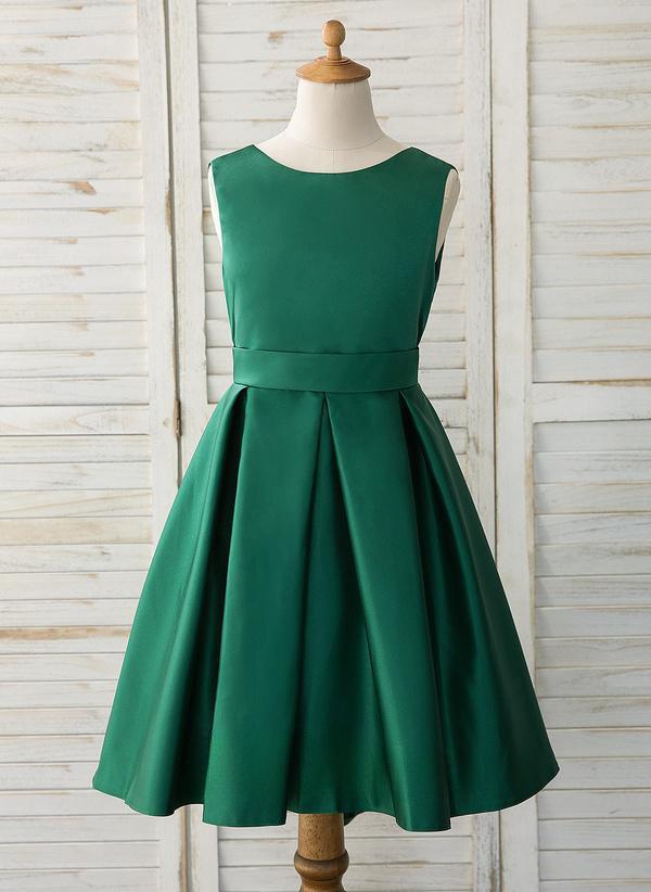 Dark Green A-line Scoop Asymmetrical Satin Flower Girl Dress