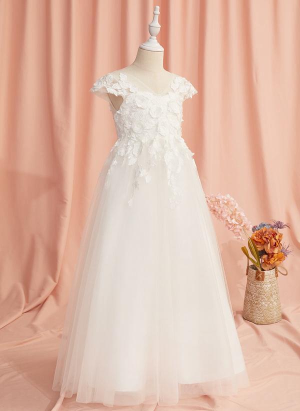 Ivory A-line V-neck Floor-length Lace/tulle Flower Girl Dress