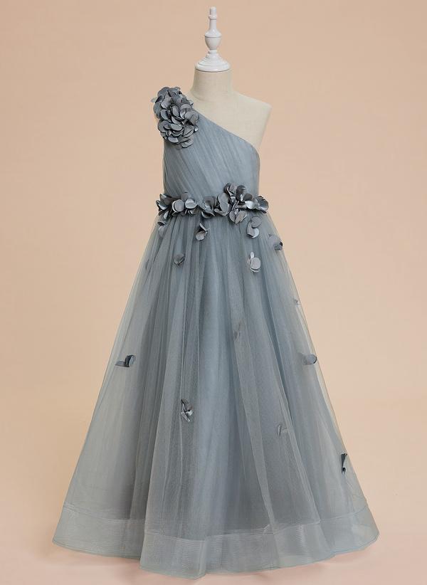 Dusty Blue A-line One Shoulder Floor-length Tulle Flower Girl Dress