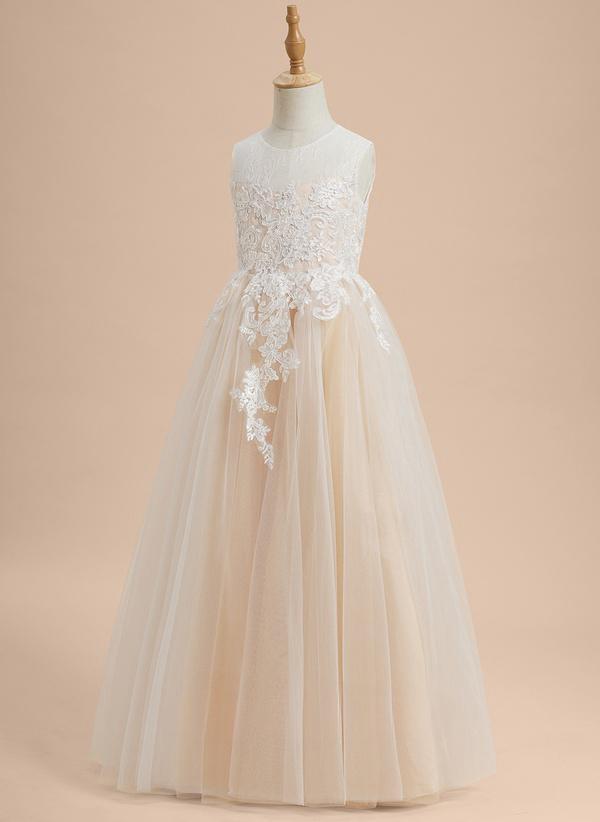 Champagne A-line Scoop Floor-length Lace/tulle Flower Girl Dress