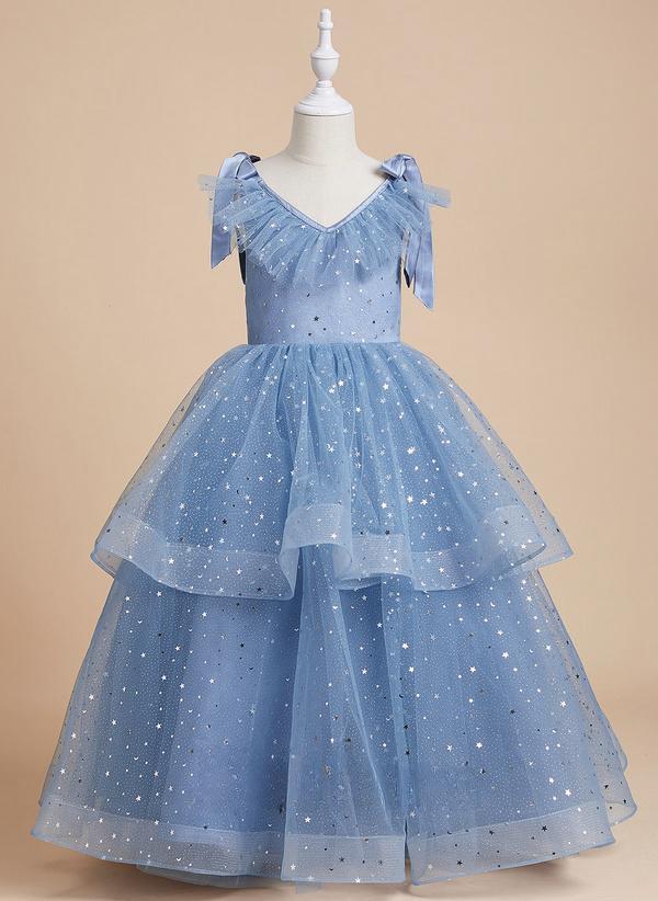 Ball-gown/princess V-neck Floor-length Satin/tulle/sequin Flower Girl Dress