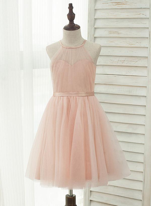Pearl Pink A-line Halter Knee-length Charmeuse/tulle Flower Girl Dress