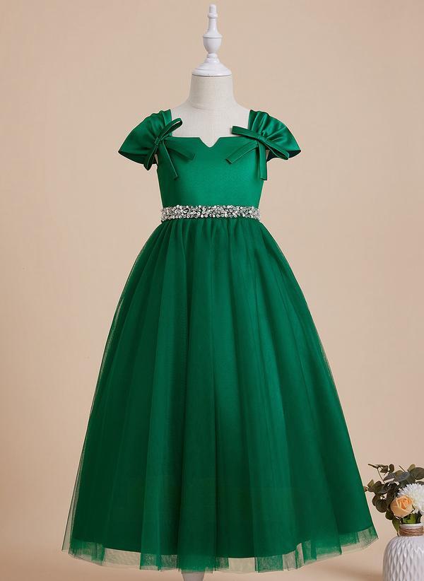 Dark Green Ball-gown/princess V-neck Ankle-length Satin/tulle Flower Girl Dress