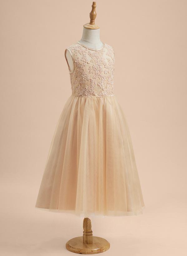 Champagne A-line Scoop Tea-length Lace/tulle Flower Girl Dress