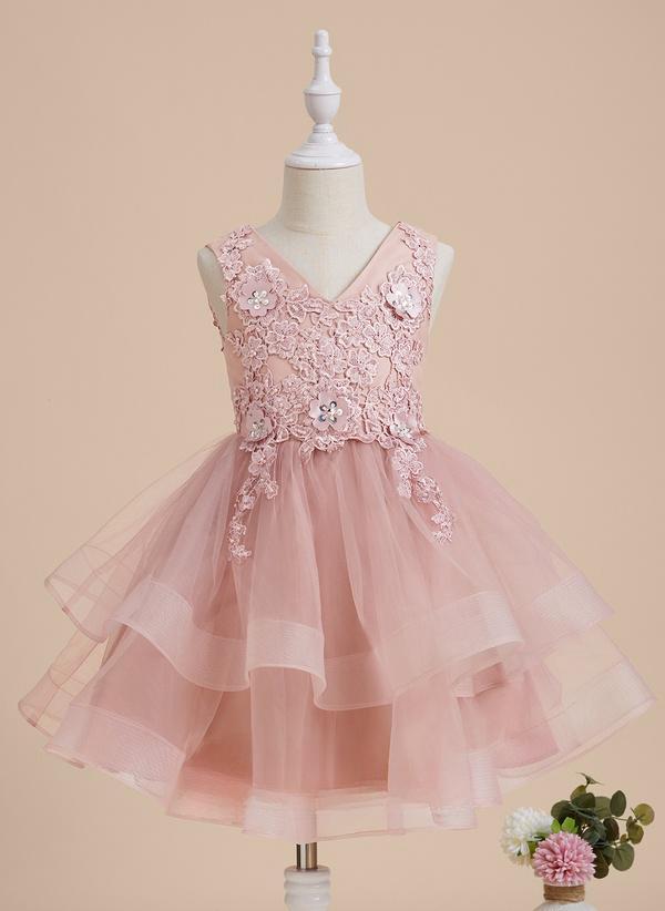 Dusty Rose A-line V-neck Knee-length Lace/tulle Flower Girl Dress