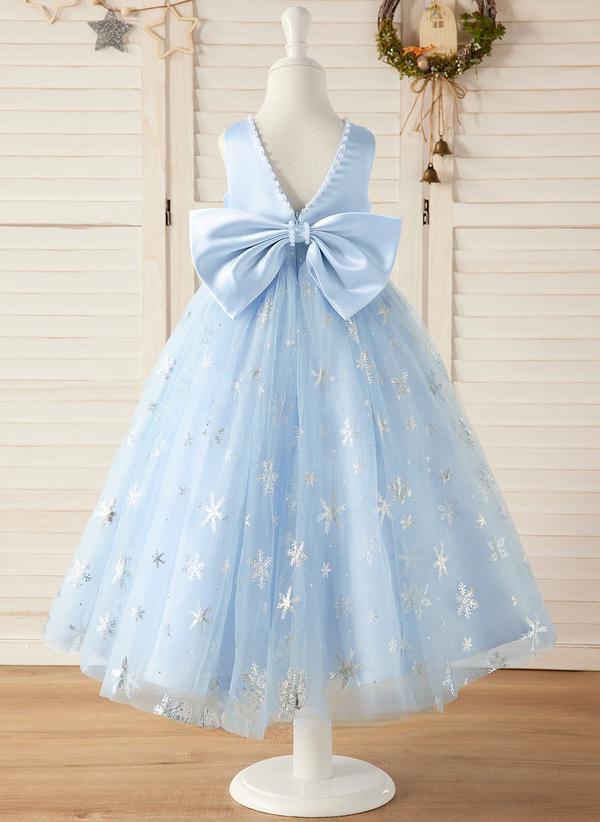 Sky Blue Ball-gown/princess Scoop Tea-length Lace/satin Flower Girl Dress