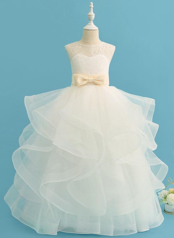Ivory Ball-gown/princess Scoop Floor-length Lace/satin/tulle Flower Girl Dress