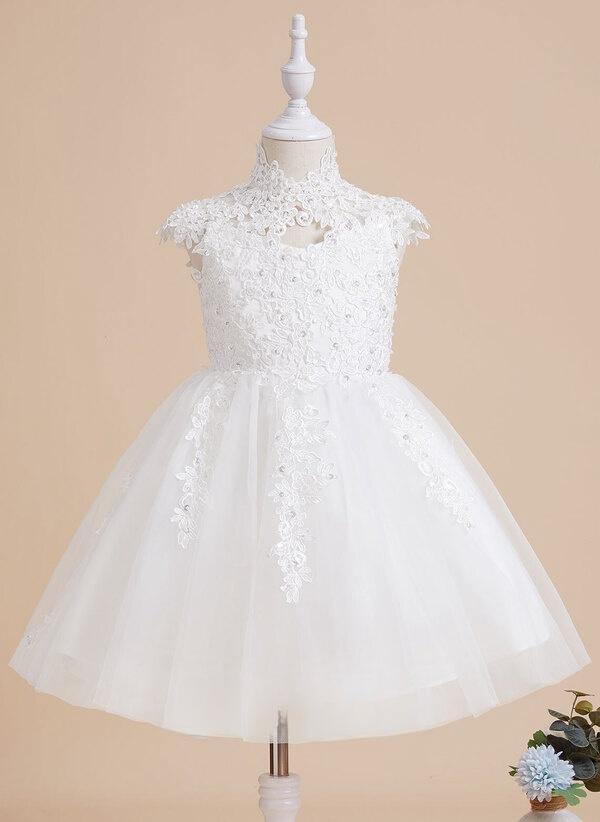 Ivory A-line High Neck Knee-length Lace/tulle Flower Girl Dress