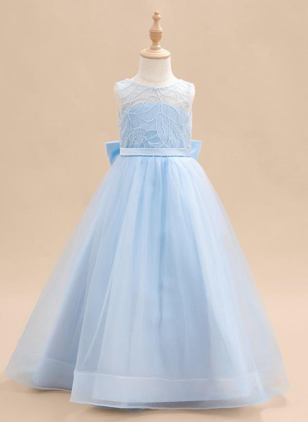 Sky Blue A-line Scoop Floor-length Lace/tulle Flower Girl Dress