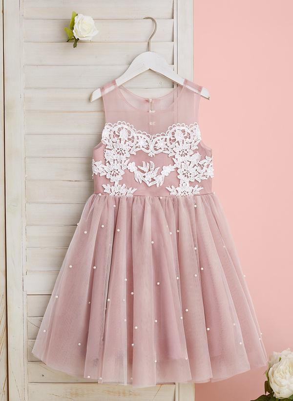 Dusty Rose A-line Scoop Knee-length Lace/tulle Flower Girl Dress
