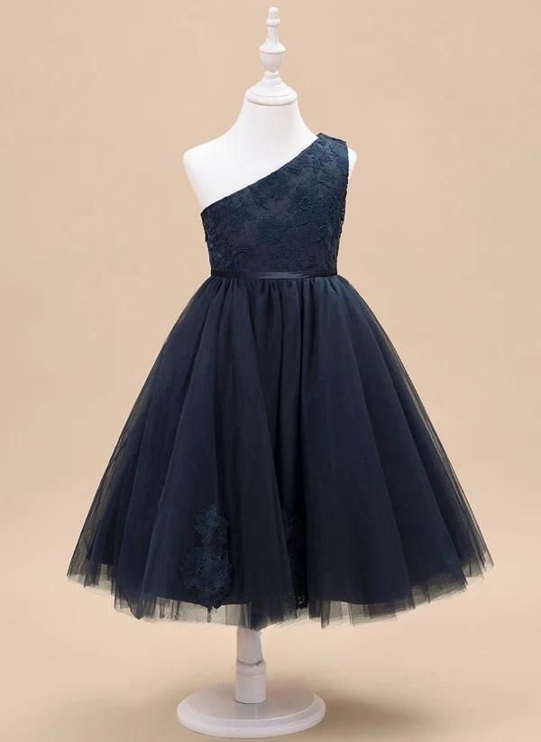 Dark Navy A-line One Shoulder Tea-length Lace/tulle Flower Girl Dress