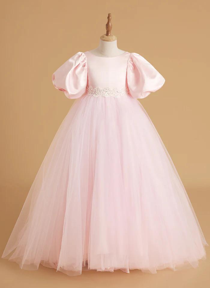 A-line Satin Tulle Sweep Train Pink Flower Girl Dress
