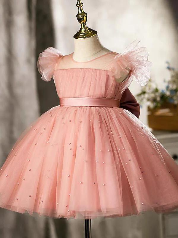 Ball-gown/princess Tulle Knee-length Pearl Pink Flower Girl Dress