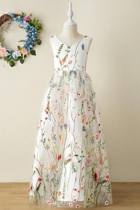A-line V-neck Floor-length Jacquard Flower Girl Dress