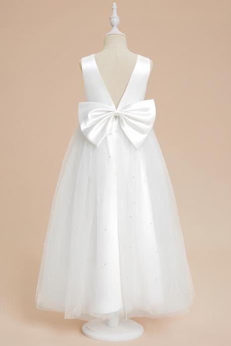 Ivory A-line V-neck Ankle-length Satin/tulle Flower Girl Dress