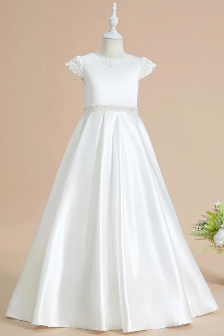 Ivory Ball-gown/princess Scoop Floor-length Lace/satin Flower Girl Dress