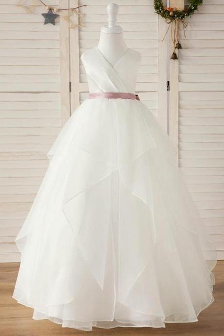 Ivory Ball-gown/princess V-neck Floor-length Satin/tulle Flower Girl Dress