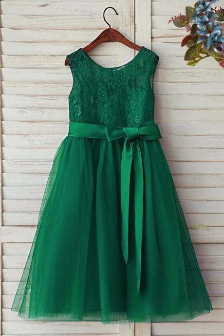 Dark Green A-line Scoop Tea-length Lace/satin/tulle Flower Girl Dress
