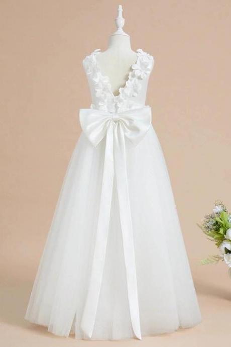 White A-line Scoop Floor-length Satin/tulle Flower Girl Dress