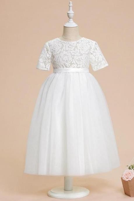 Ivory A-line Scoop Tea-length Lace/tulle Flower Girl Dress